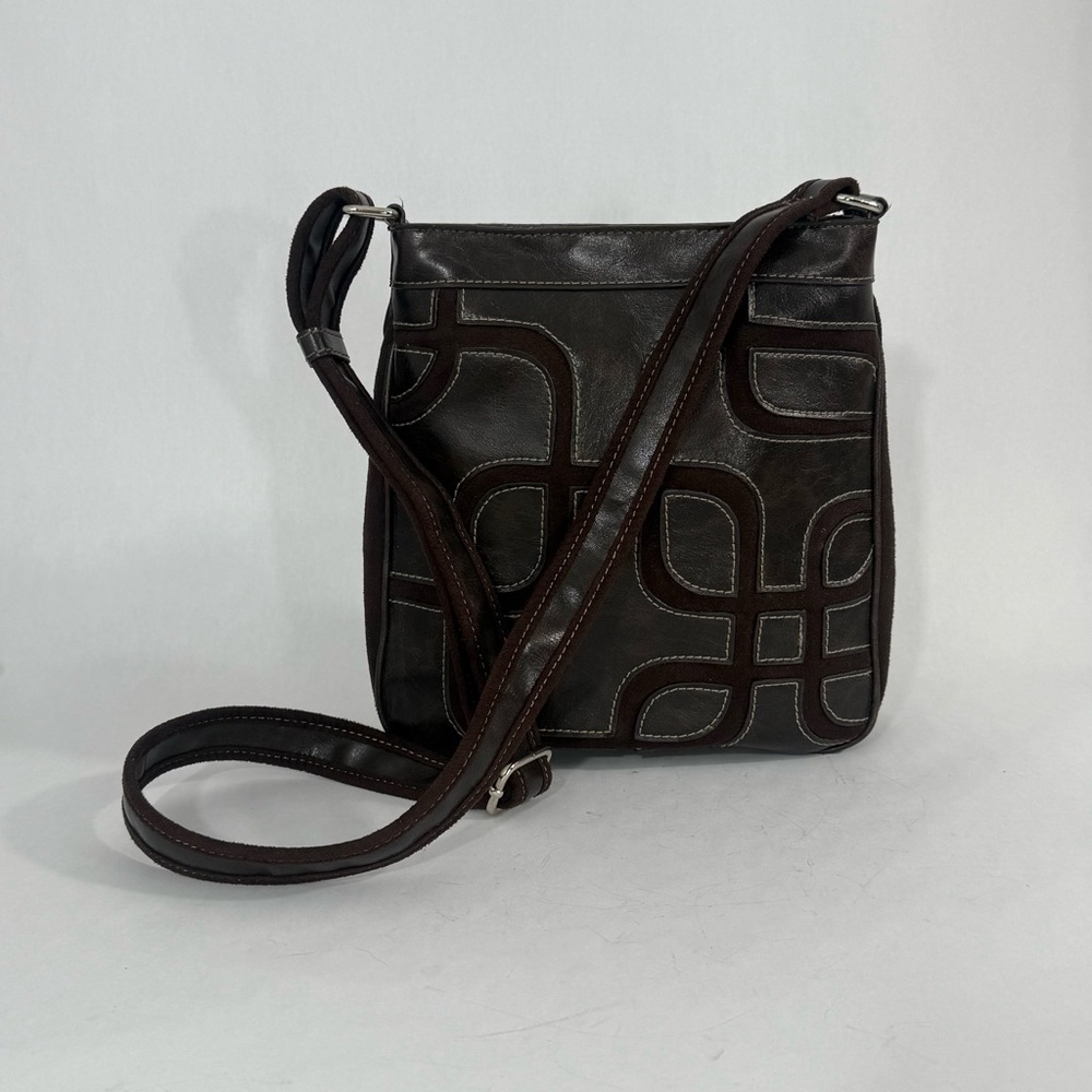 Nine West Faux Suede & Leather Appliqué Geometric Brown Crossbody Bag Purse